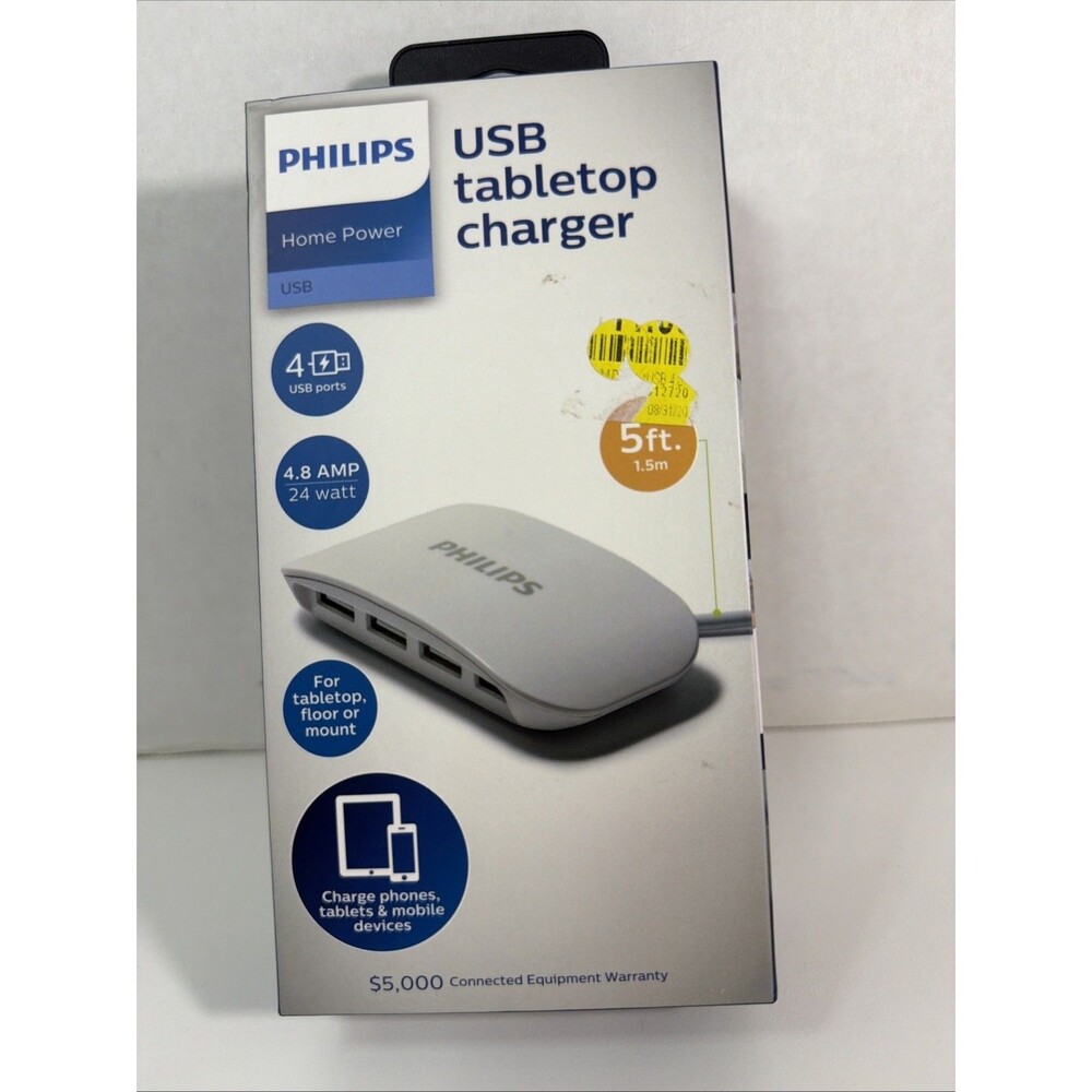 PHILIPS Ultra Slim 4-Port USB Charger For Tabletop, Floor Or Mount - 5ft - Phone